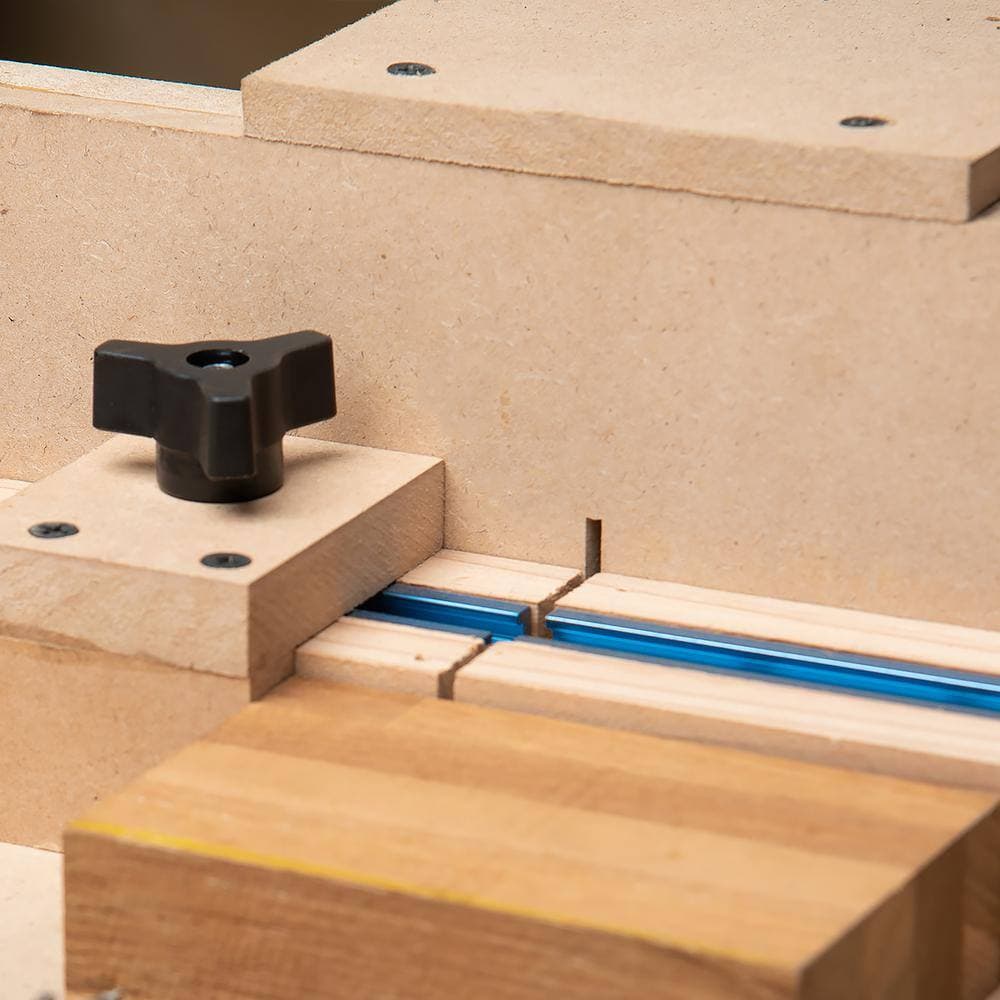 ‎POWERTEC 7/16 in. Dia x 3/16 in. H x 1/4 in. Shank Carbide Tipped T Slot Router Bit with 36 in. Double-Cut Universal T-Tracks (2)