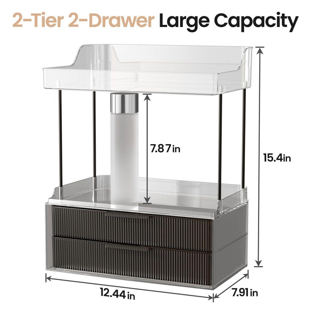 Numhew Black 2 Tier 2 Drawer Makeup Organizer Countertop, Bathroom Organizers Easy to Install Ideal for Bathroom Counter Vanity (2)