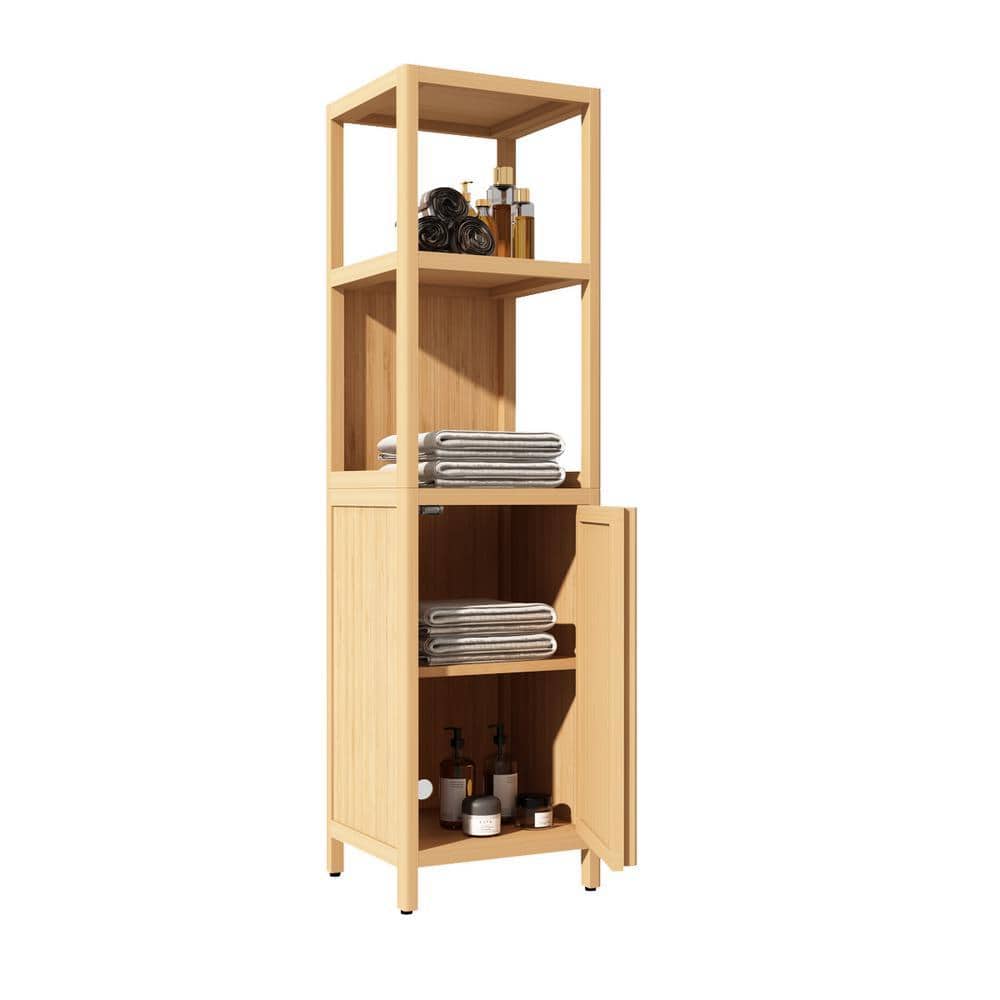 IDEAGLE 14 in. W x 13 in. D x 52 in. H Brown Bamboo Linen Cabinet with 2 Shelves and 1 Door Cabinets Bathroom Storage Cabinet (3)