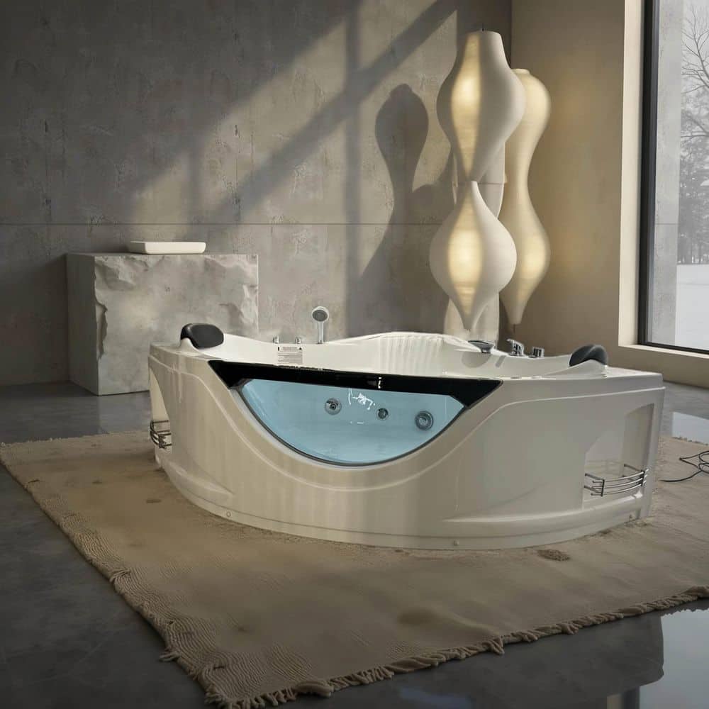LIVACA 59 in. x 59 in. 2-Person Corner Whirlpool Bathtub with Center Drain and Hydro Massage in Milk White (2)