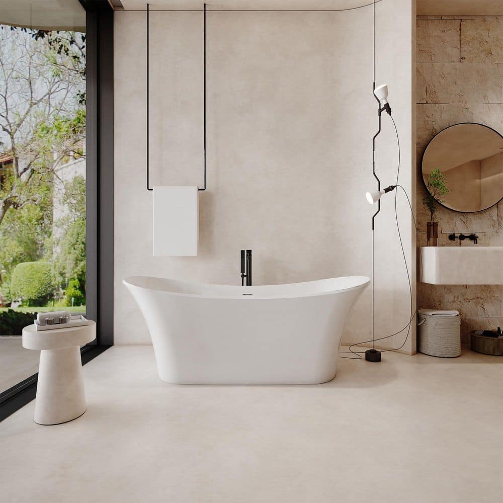 CASAINC 69 in. x 28.3 in. Freestanding Stone Resin Solid Surface Double Slipper Soaking Bathtub in Matte White (1)