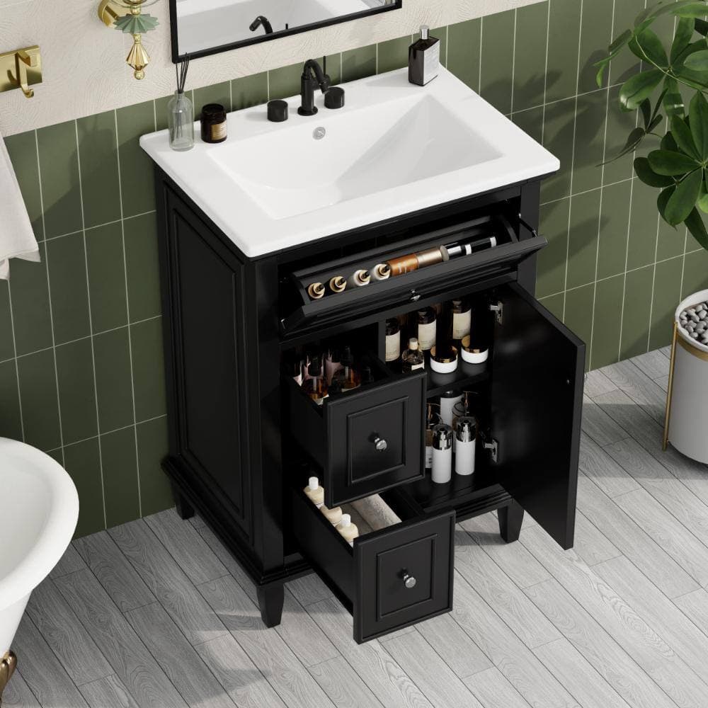 Flynama 24" Black Vanity Sink, Flip Drawer+2 Drawers, Adjustable Shelf (2)