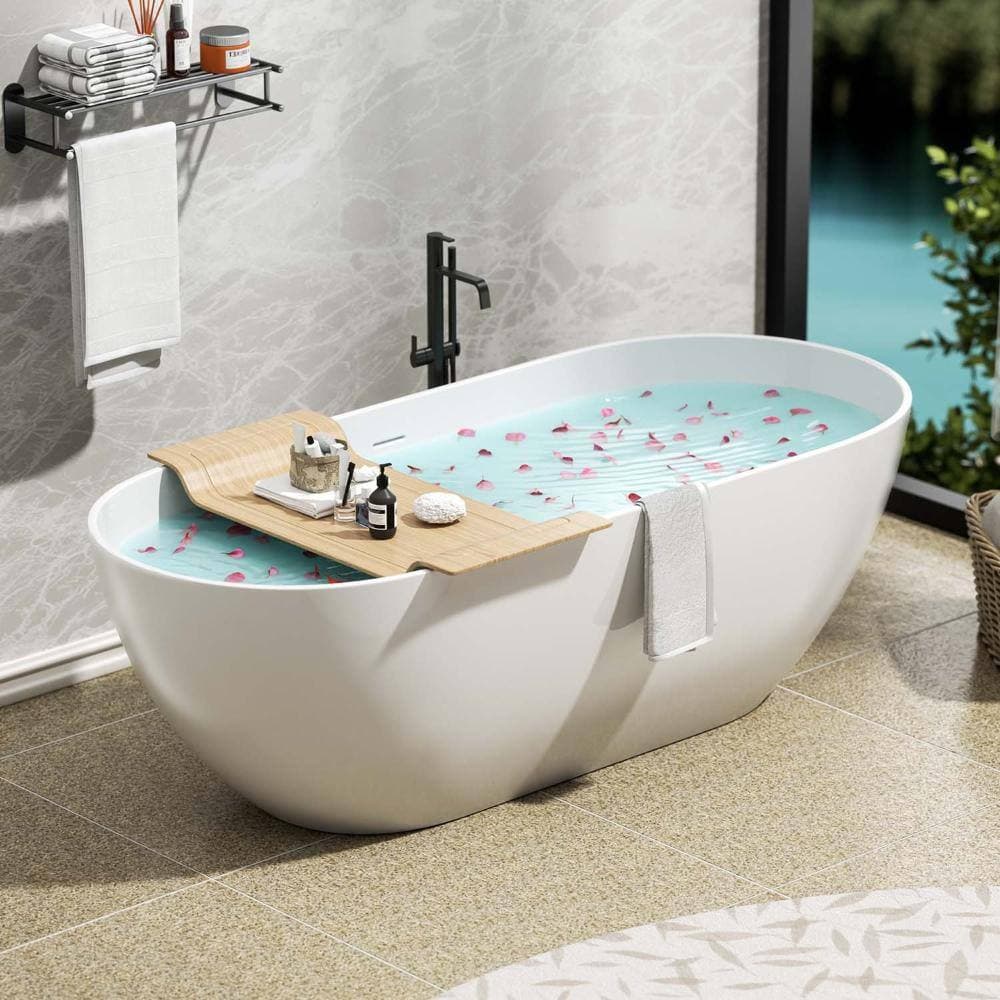 INSEEDE Luno 63 in. Solid Surface Freestanding Bathtub Matte White Stone Resin Soaking Tub with Overflow and Pop-up Drain (3)