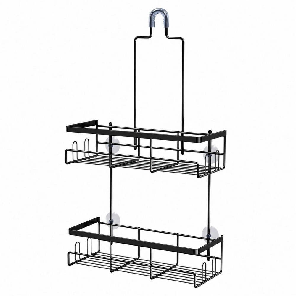 Anqtovp Hanging Mount Strong Suction Rustproof 2-Tier Shower Caddy with Hooks and Soap Dishes in Black Finish (1)