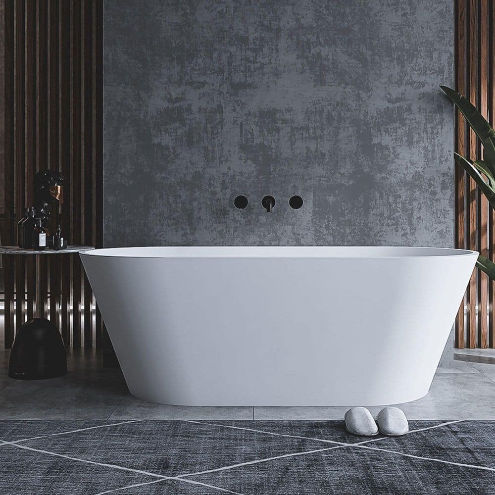 Opvande 59 in. x 30 in. Freestanding Solid Surface Soaking Bathtub in Matte White with Flat Edge Design and Center Drain (1)