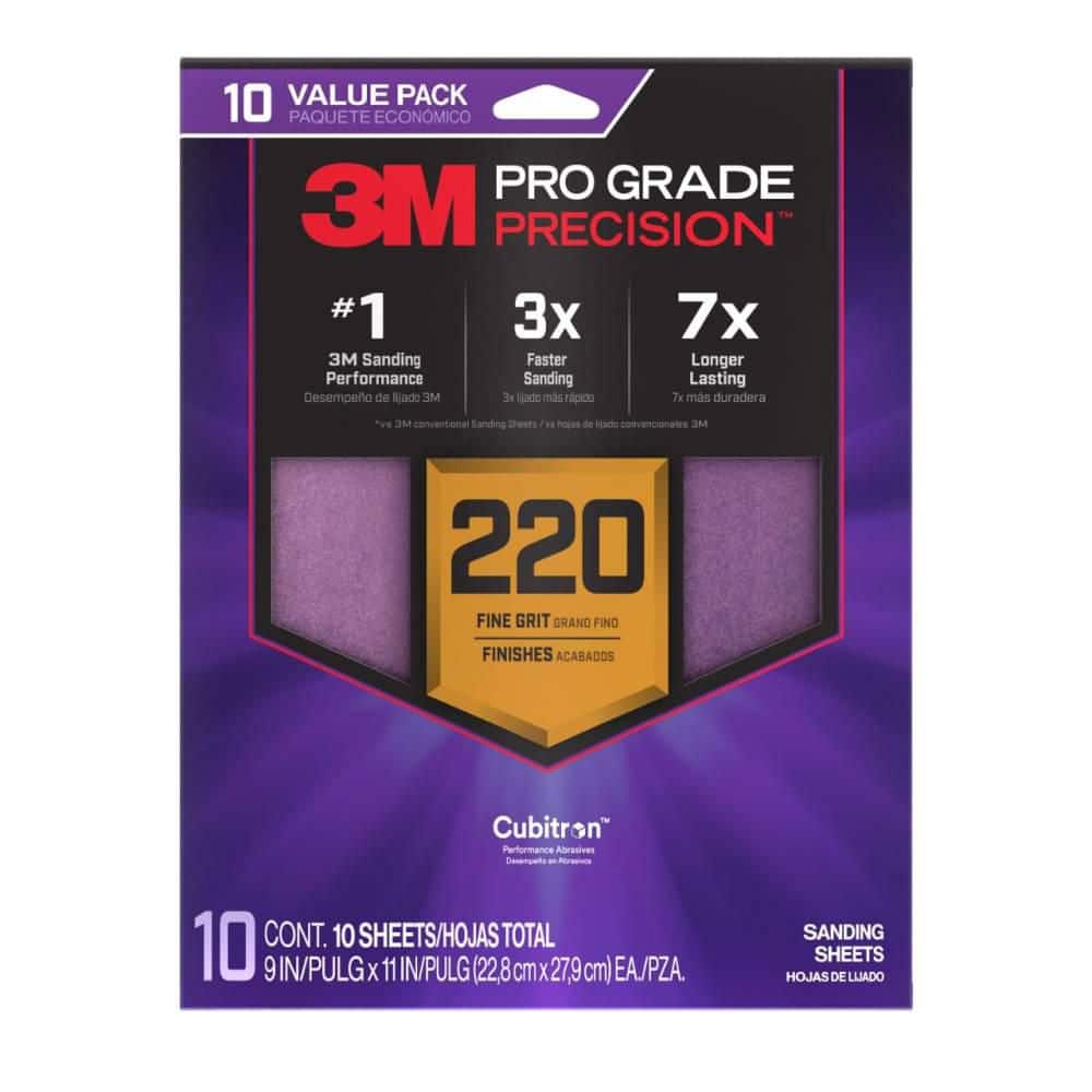 3M Pro Grade Precision 9 in. x 11 in. 220 Grit Faster Sanding Sheets with No-Slip Grip Backing (10-Pack) (1)