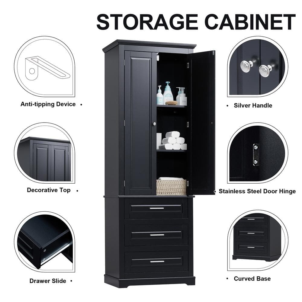 Unbranded 24 in. W x 15.7 in. D x 70 in. H Black MDF Freestanding Bathroom Storage Linen Cabinet with 3 Drawers (3)