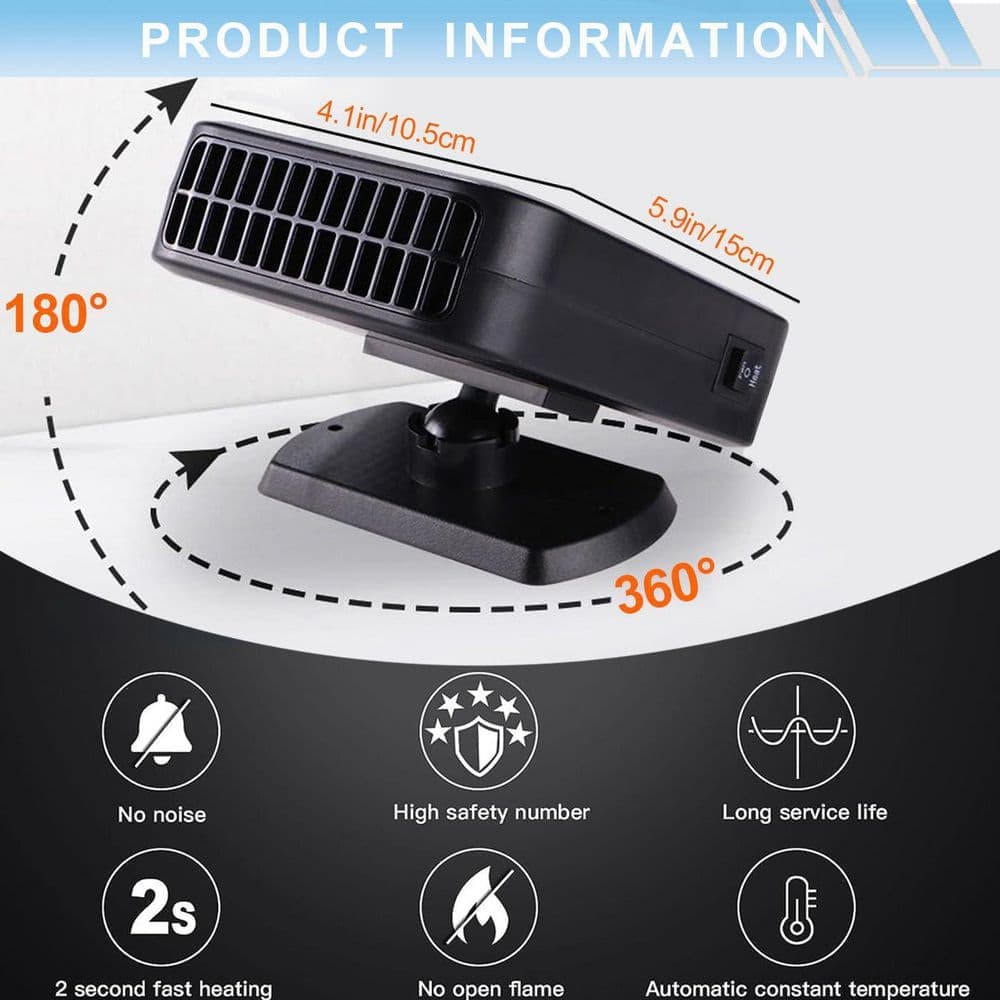 N/A 12V Electric Car Heater 200W 2-in-1 Heating and Cooling Fan 360° Rotatable Defrost Defogger Plug in Cigarette Lighter (2)