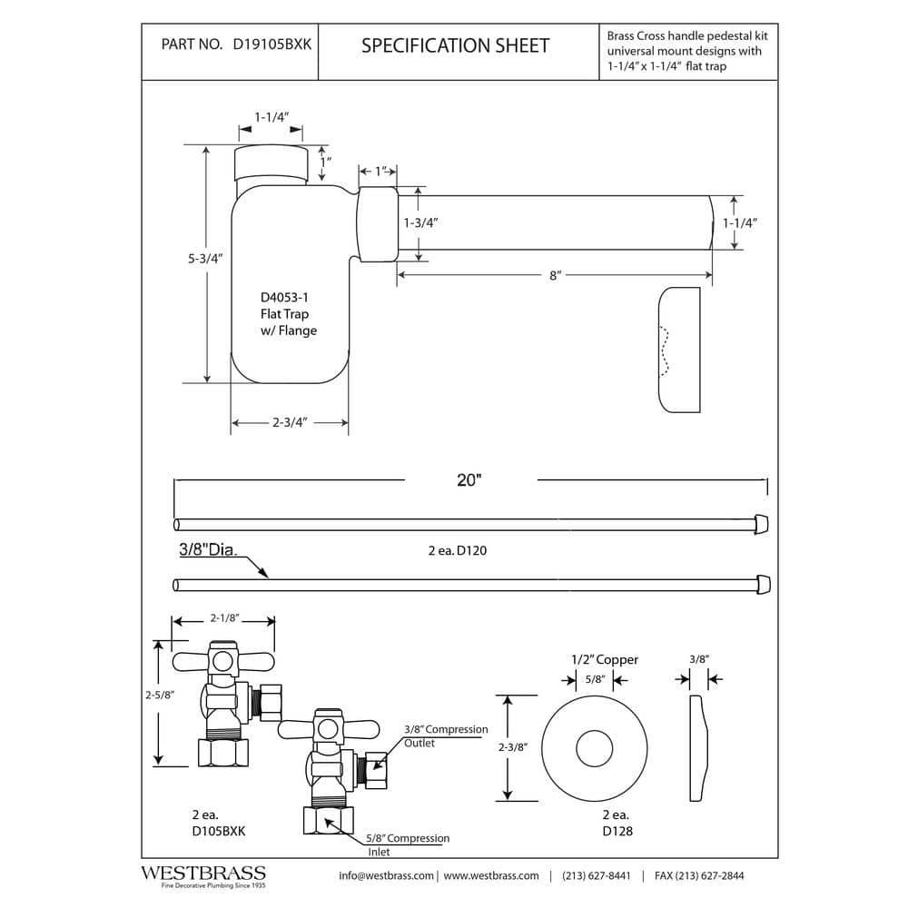 Westbrass 1/2 in. Nominal Compression Cross Handle Stop Complete Pedestal Sink Installation Kit Oil Rubbed Bronze (2)