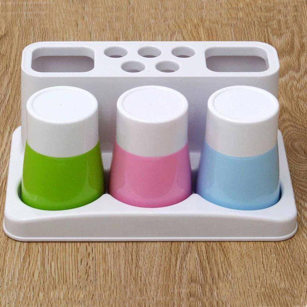 KHKFY Toothbrush and Toothpaste Holder Stand with 5 Brush Slots and 3 Rinse Cups, 9.8 x 6.3 x 4.3 in Bathroom (3)