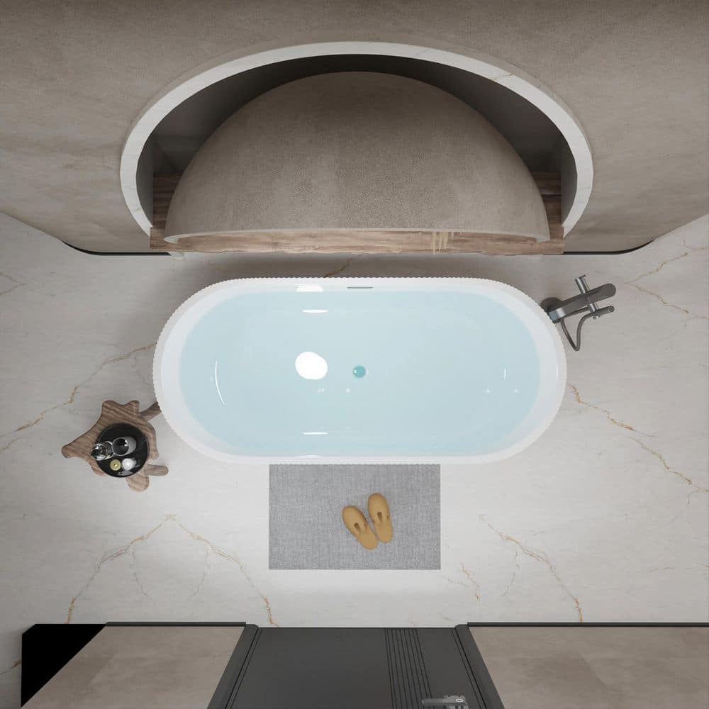 LIVACA 59.10 in. x 29.50 in. Flat Bottom Linear Acrylic Freestanding Soaking Bathtub with Center Drain in Glossy White (3)