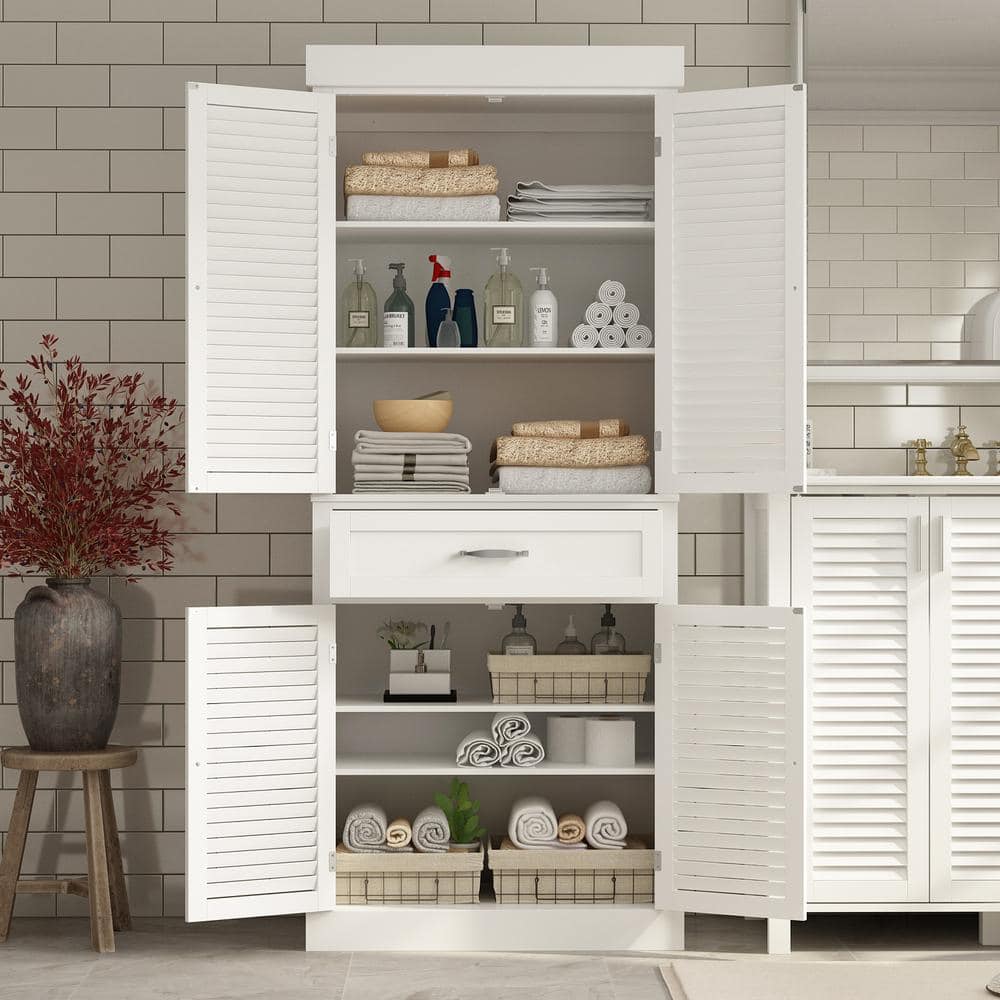 FUFU&GAGA 30 in. W x 15.7 in. D x 71.6 in. H White Wood Freestanding Linen Cabinet Bath Cabinet with Louvered Doors and Drawer (3)