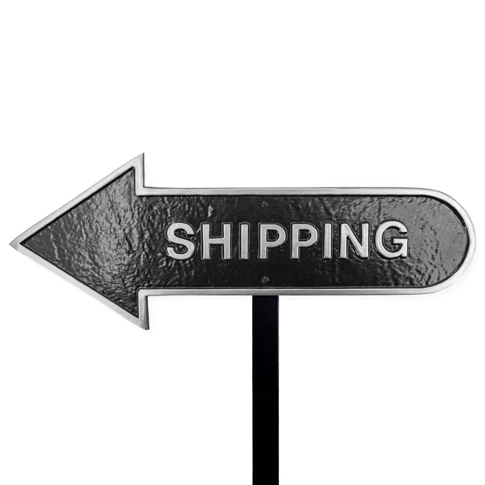 Montague Metal Products 6 in. x 15.5 in. Left Arrow Shipping Statement Plaque Sign with Lawn Stake-Black/Silver