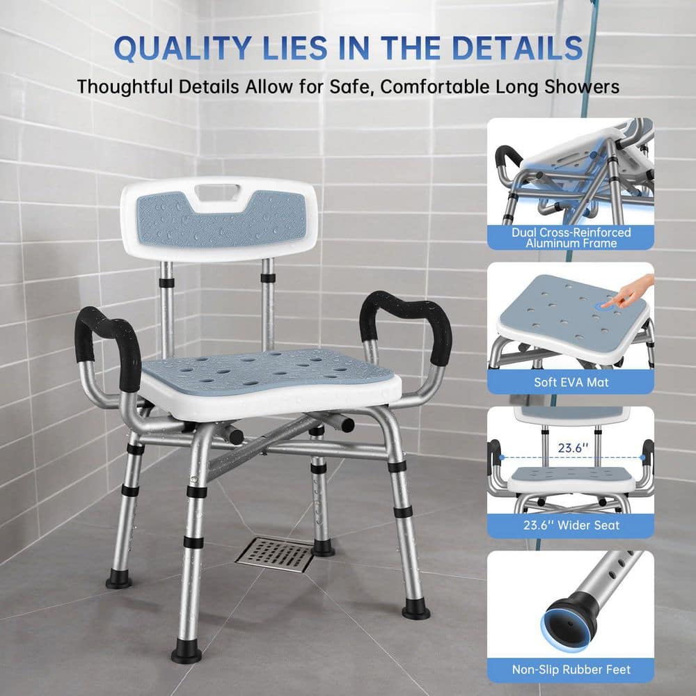 Wudkey Aluminum Adjustable Shower Chair with Arms and Back, 550lbs Safety Bathtub Seat with Non-Slip Feet in White (3)