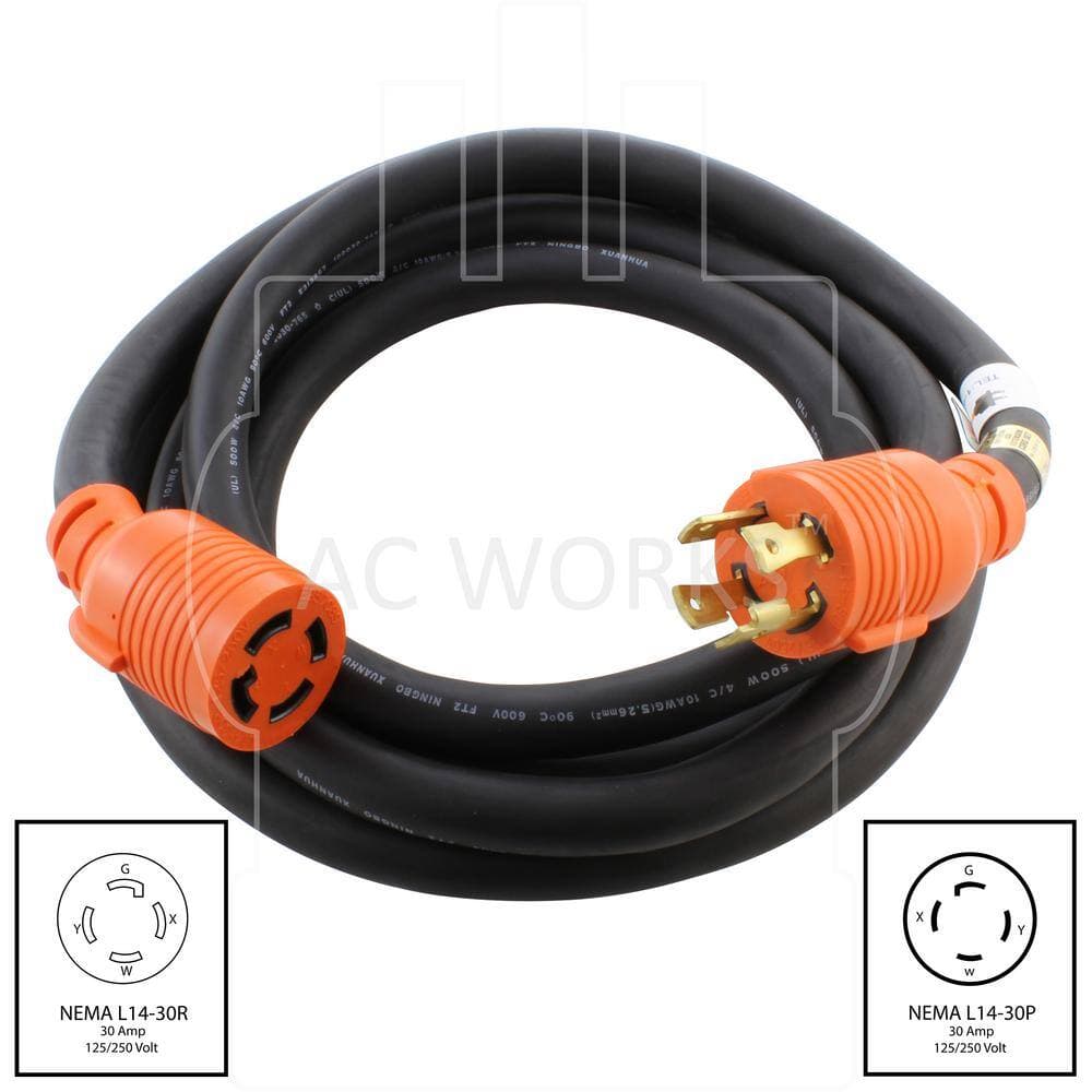 AC WORKS 25 ft. 10/4 Soow Nema L14-30 125-Volt/250-Volt 30 Amp Generator Rubber Extension Cord (2)