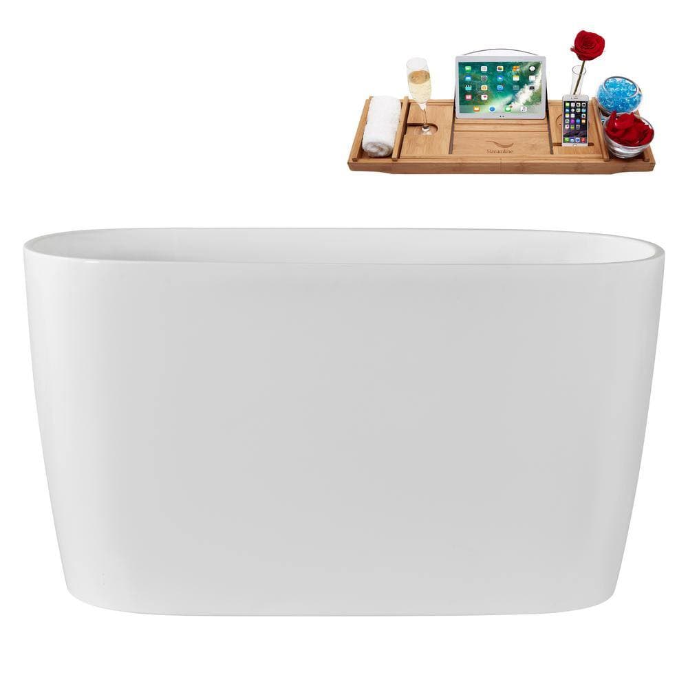 Streamline 47 in. 23 in. Acrylic Freestanding Soaking Bathtub Glossy White with Polished Gold Drain, Bamboo Tray (2)