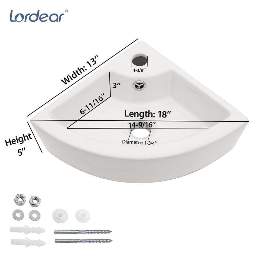 LORDEAR L W 5 in. H Wall-Mounted Corner Ceramic Bathroom Sink with Overflow (3)