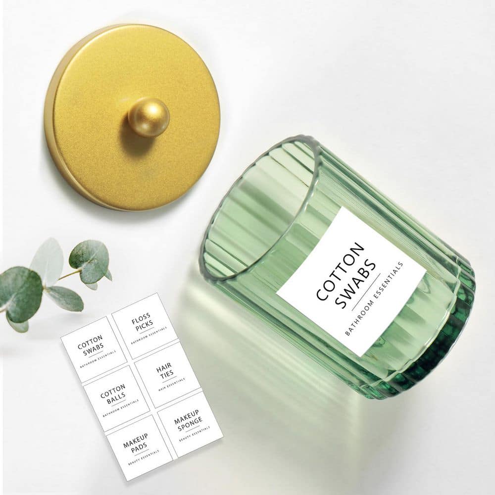 KHKFY 4-Pack Glass Apothecary Bathroom Storage Jars with Gold Metal Lids for Cotton Swabs Vanity in Sage Green (3)