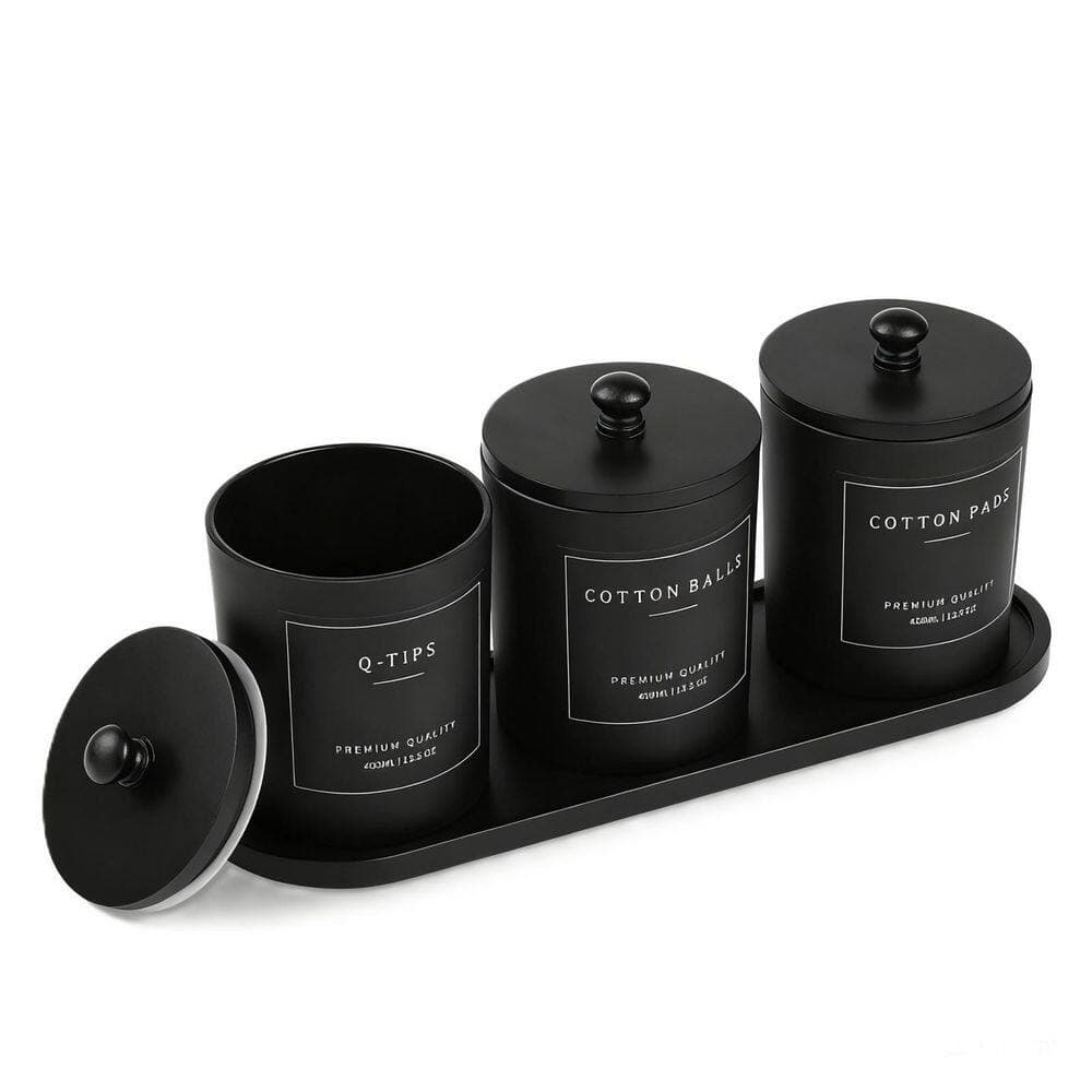 Numhew 3-Piece Black Glass Bathroom Organizers and Storage with Tray and Lid, Cotton Swab Dispenser, Cotton Ball Holder (2)