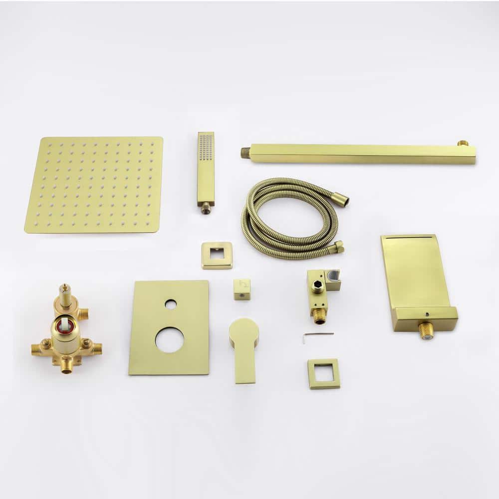 Aurora Decor ACA Single-Handle 3-Spray Square with 1.8 GPM 10 in. Wall Mount Dual Shower Faucet in Brushed Gold (Valve Included) (3)
