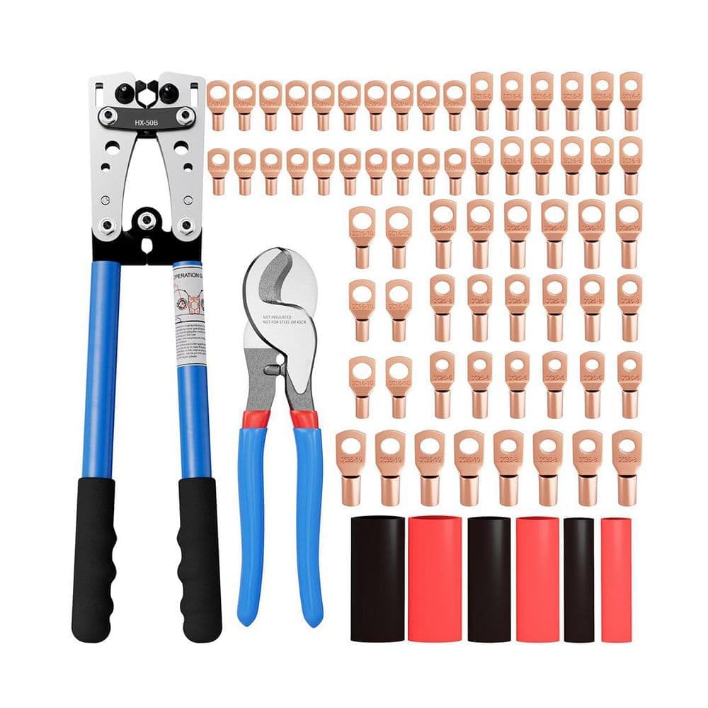 Unbranded Battery Cable Lug Crimping Tool for AWG 10-1/0 Electrical Lug with Cable Cutter Kit, 64pcs Terminals