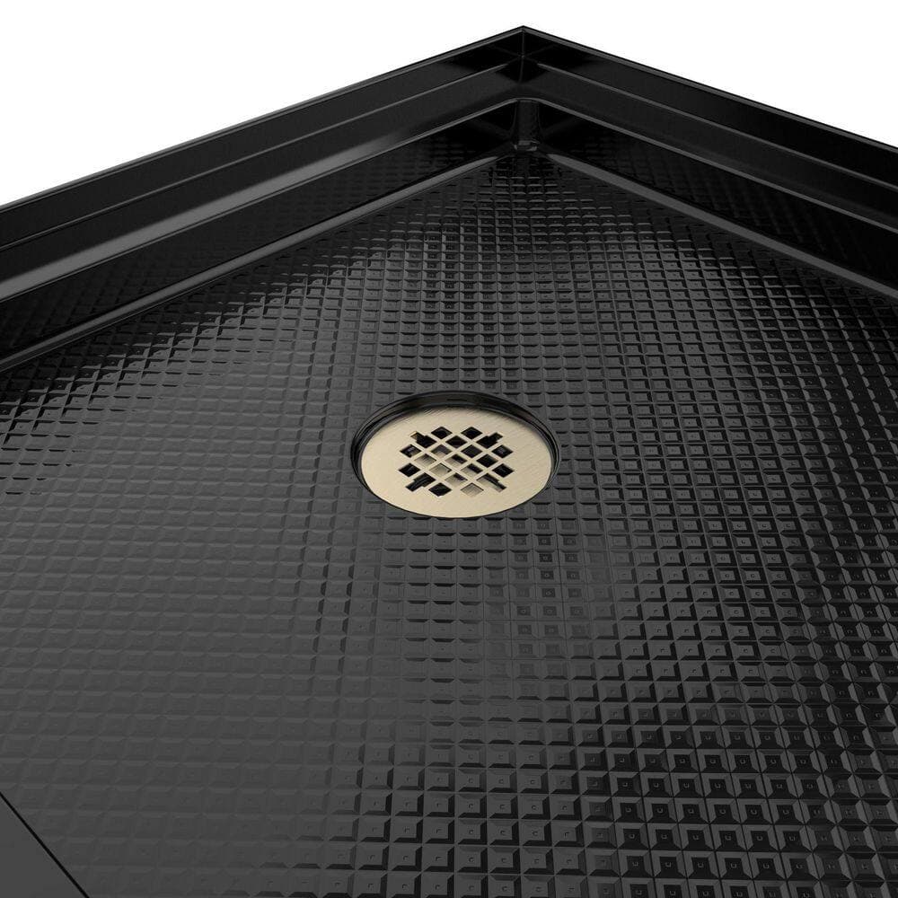 DreamLine SlimLine 60 in. L x 30 in. W Alcove Rectangular Black Shower Pan Base with 2 in. Round Left Drain in Brushed Brass (3)