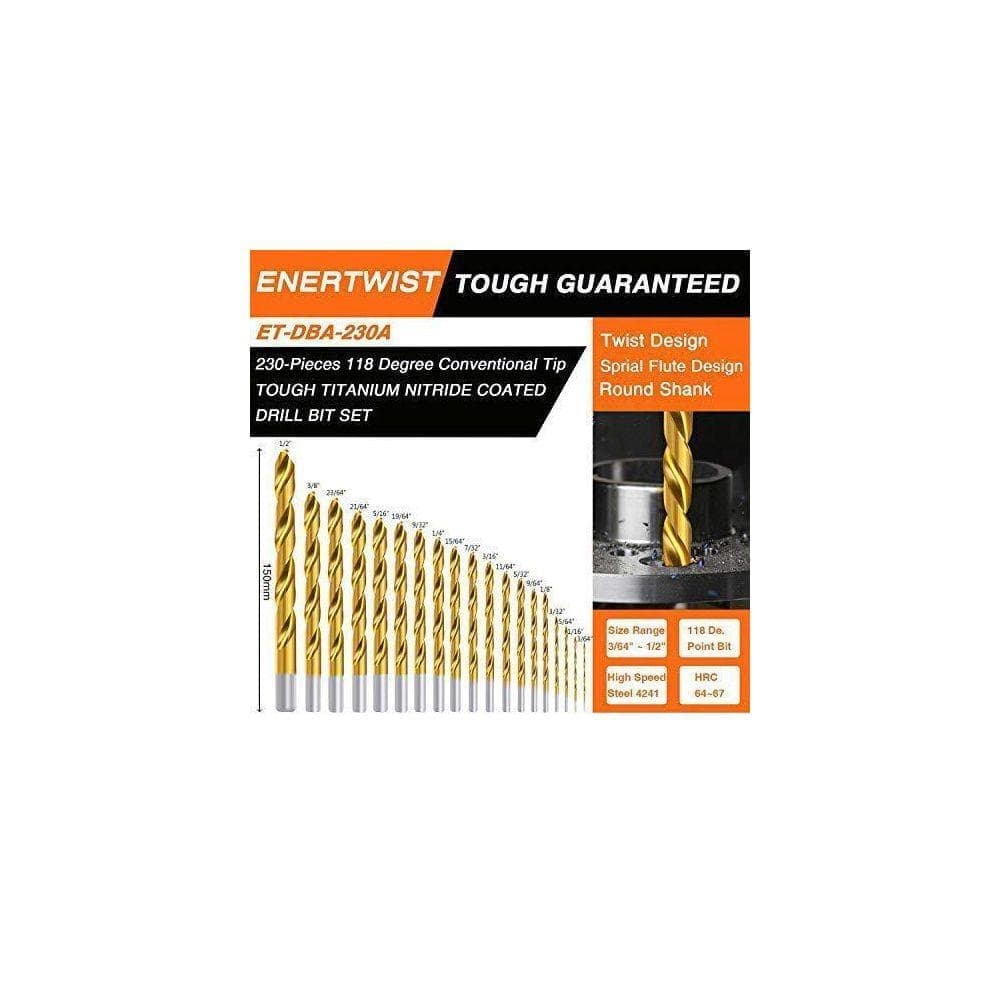 Angel Sar 230-Pieces Coated HSS Conventional 118 Deg Tip from 3/64 inch to 1/2 Inch, Titanium Drill Bit Kit Set for Metal Concrete (2)