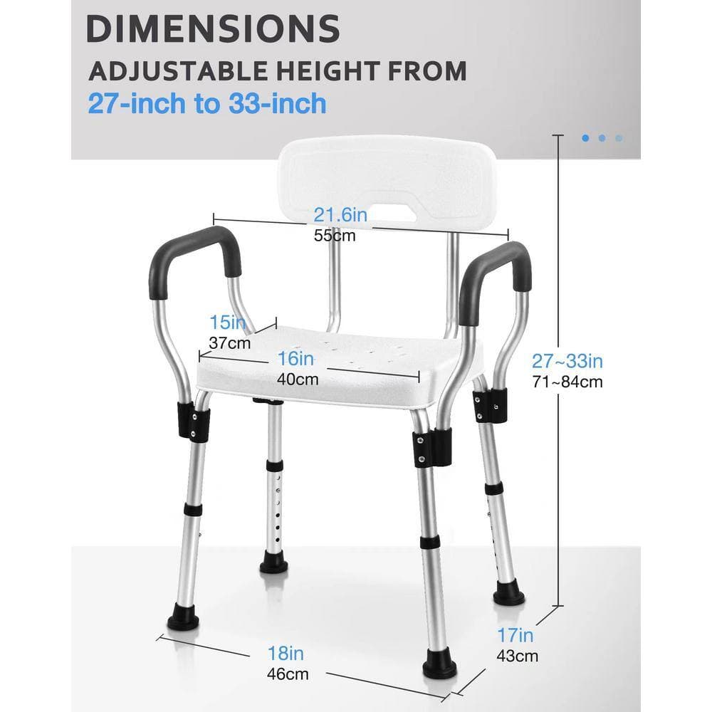Numhew Aluminum Shower Chair in White with Arms for Handicap, Heavy Duty Shower Seat with Back for Elderly (2)