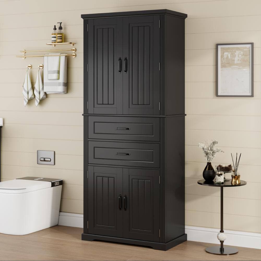 YSQCAR 30 in. W x 15.8 in. D x 72.5 in. H Freestanding Black Linen Cabinet with 2 Drawers and Slide Rails and Adjustable Shelf (2)