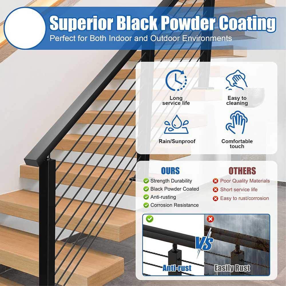Afoxsos 2.36 in. Black Stainless Steel Handrail Indoor Outdoor Deck Stair Cable Railing Kit with End Caps (3)