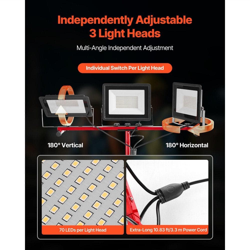 VEVOR LED Work Light with Stand, 15000 Lumens, 3-Head Portable, Individual Switch, 10.83 ft. Cord, IP65, for Indoor Outdoor (3)