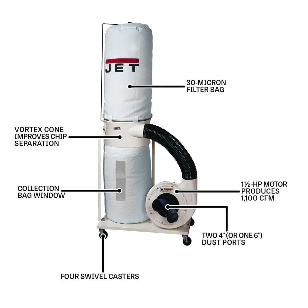 Jet 1.5 HP 1100 CFM 4 or 6 in. Dust Collector with Vortex Cone and 30-Micron Bag Filter Kit, 115/230-Volt, DC-1100VX-BK (2)