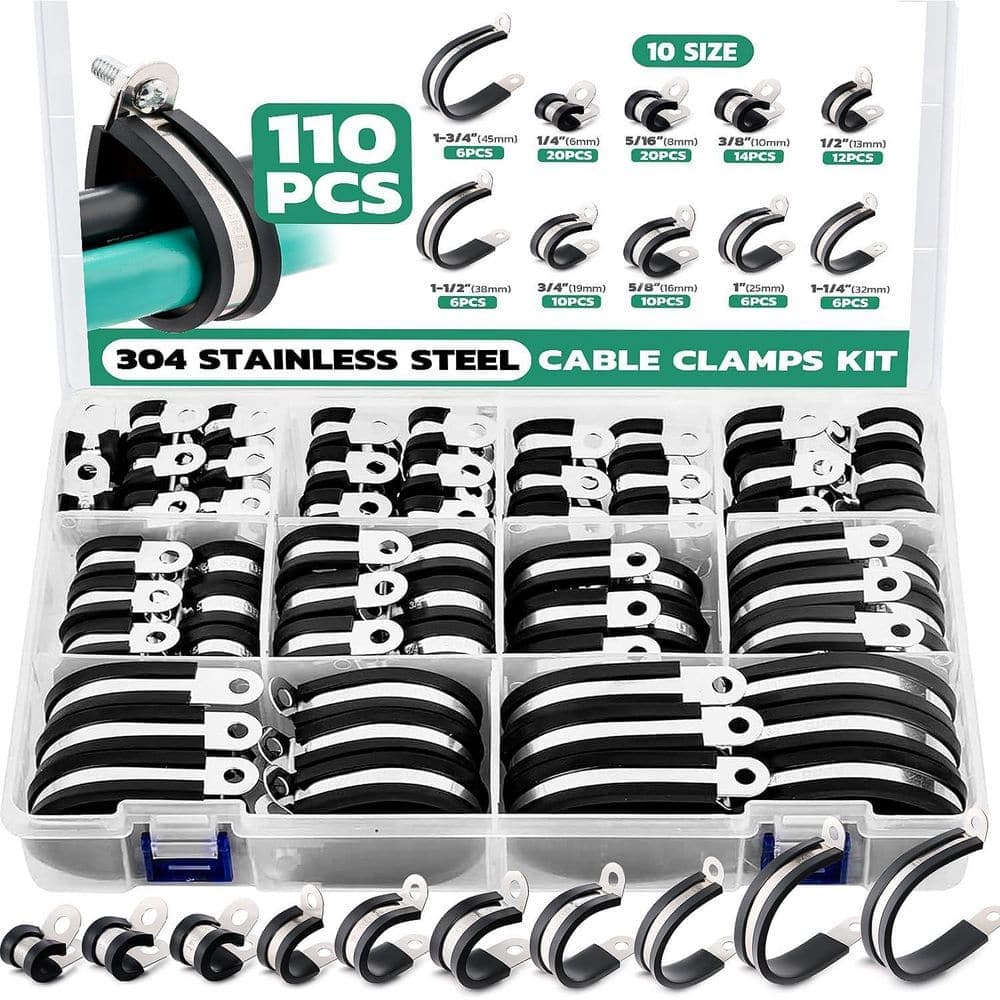 YICHUHAOXI 110-Piece Cable Clamp Assortment Kit 10-Sizes Stainless Steel Rubber Insulated Black Wire Pipe Clips Set