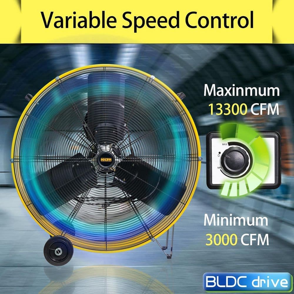 MELEZOOM 13300 CFM 30 in. Heavy Duty High Velocity Barrel Floor Drum Fan with Motor Stepless Speed Adjustment in Yellow (2)