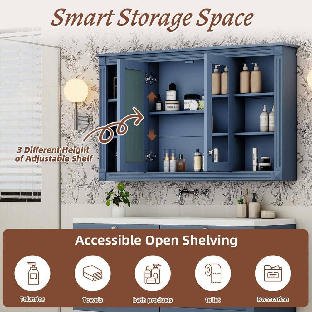 RKZHOPT 47.64 in. W x 28.74 in. H Blue Rectangular Wood Medicine Cabinet with Mirror (3)