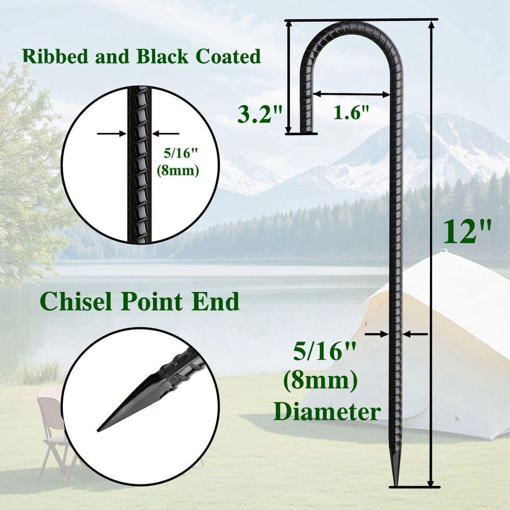 Laybus 20-Pack Black 12 in. Metal J Hook Ground Stakes, Wire Fencing Concrete Forming Trampolines Camping Canopies Shed Swing (2)
