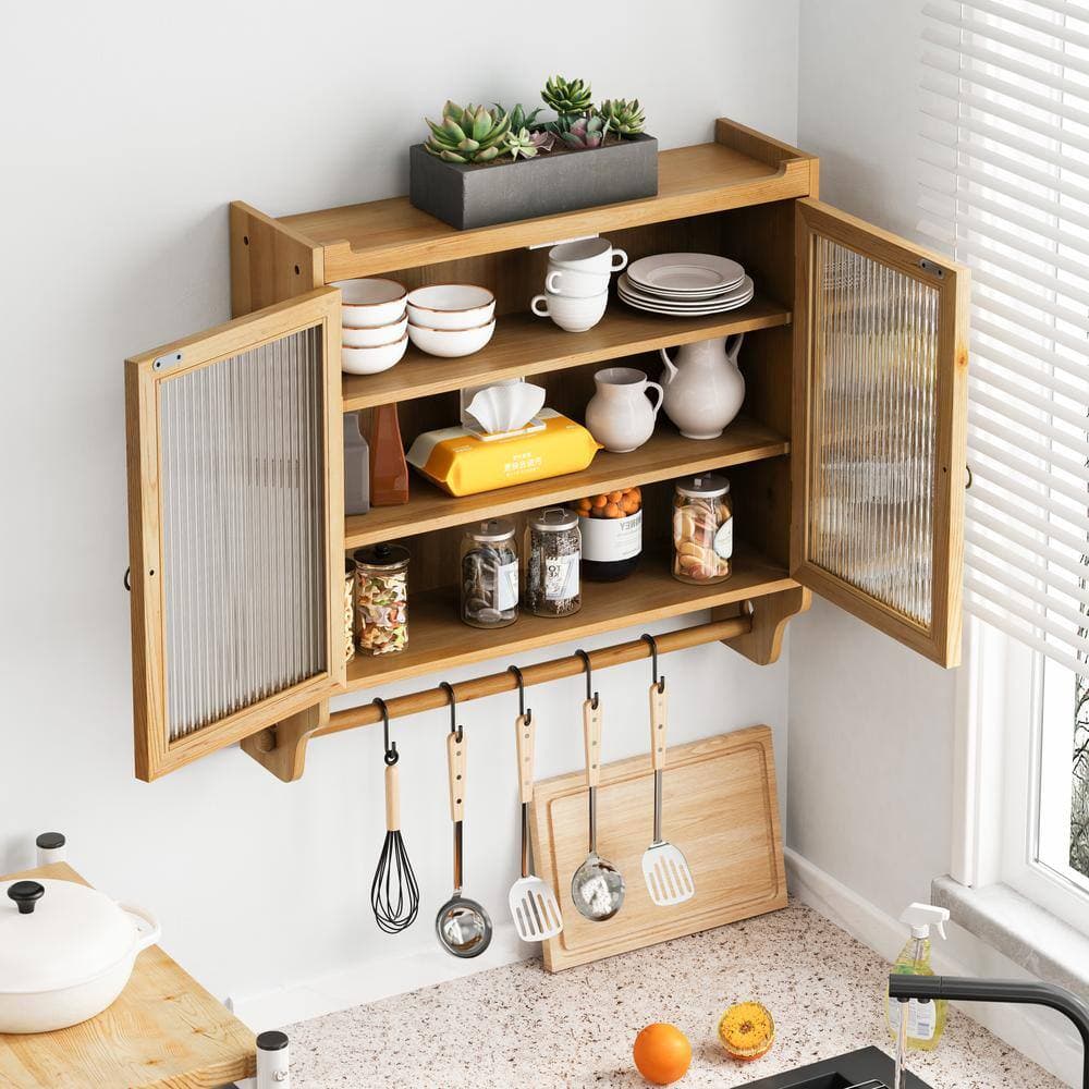 COWLOWN 24.80 in. W x 7.08 in. D x 23.62 in. H Bathroom Storage Wall Cabinet in Natural with 3-Tiers of Storage, Towel Rack (3)