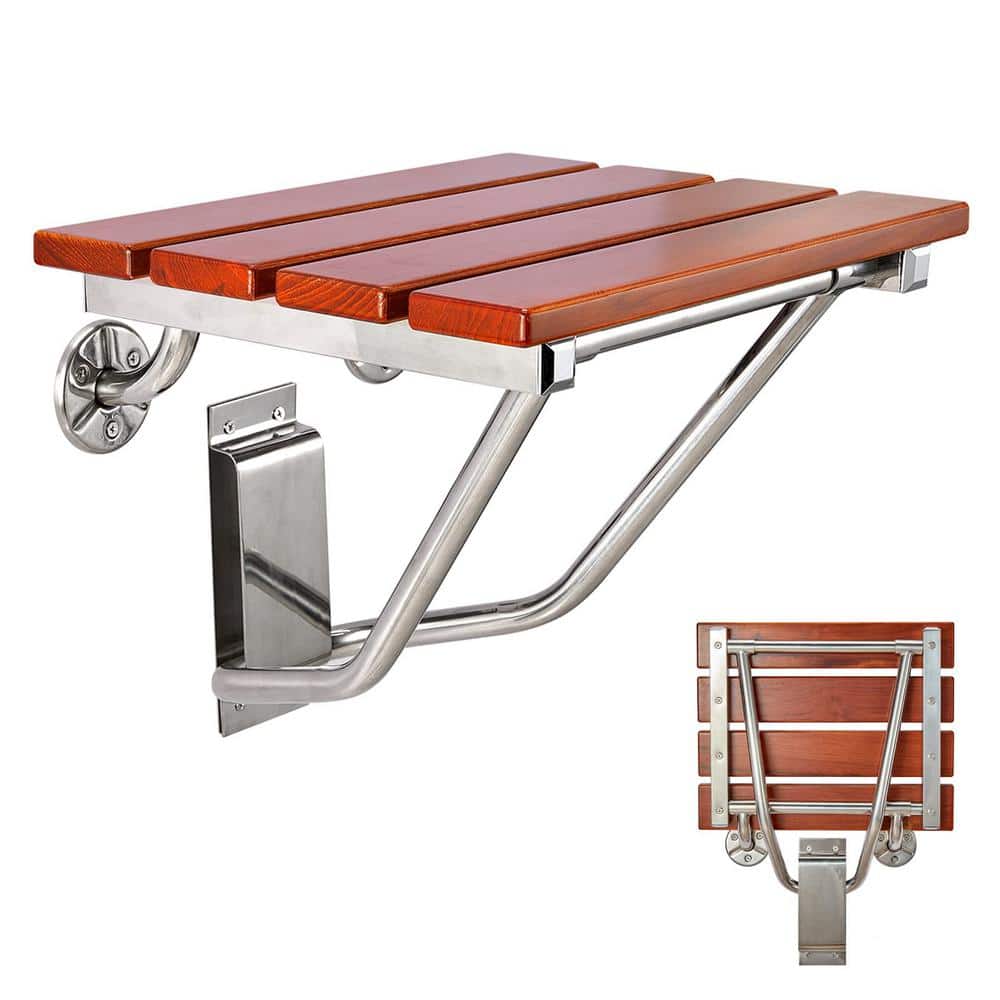 Numhew Wall Mounted Folding Teak Wood Shower Seat, Shower Bench in Red Brown, Foldable Shower Chair, Collapsible Shower Stool (1)