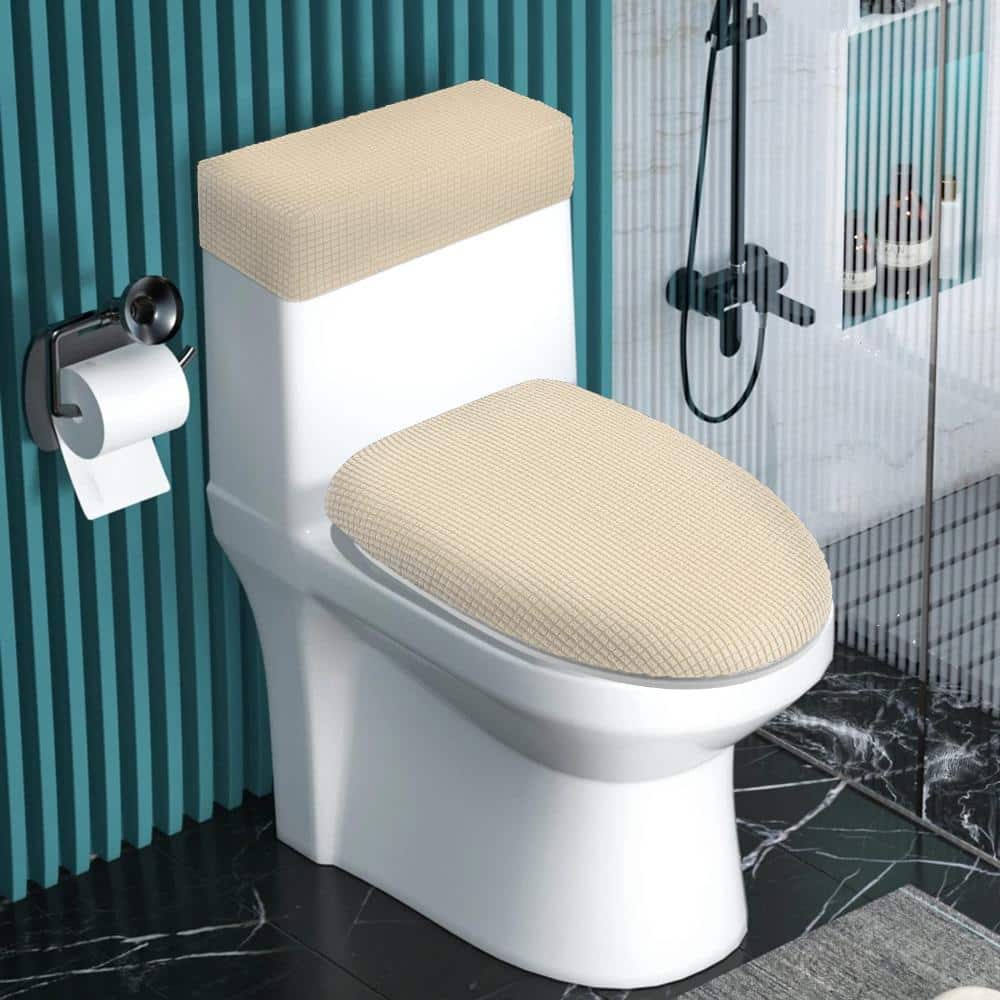 Unbranded Jacquard Toilet Lid and Tank Cover Set, Stretchy Polyester Spandex, Beige, Fits 15-21 Lid and 13-17 Tank (2)