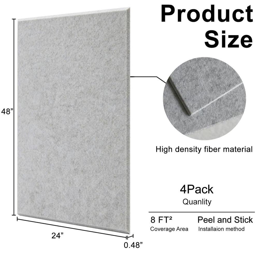 Wellco 48 in. x 24 in. x 0.48 in. Sound Absorbing Noise Dampening Acoustic Panel Wall Treatment, Fiberglass, Gray, (4 pack) (3)