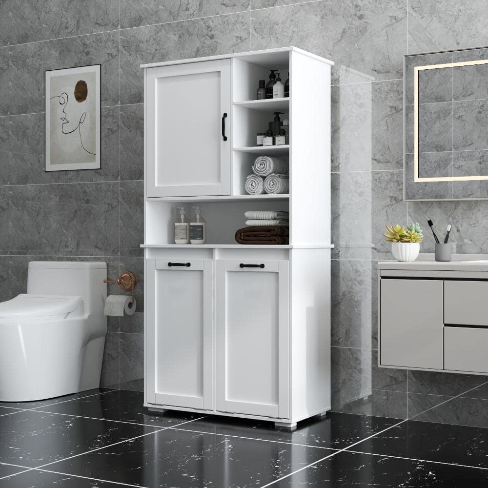 Unbranded 63 in. White Freestanding Linen Cabinet with Doors, Adjustable Shelf and Tilt-Out Laundry Hamper