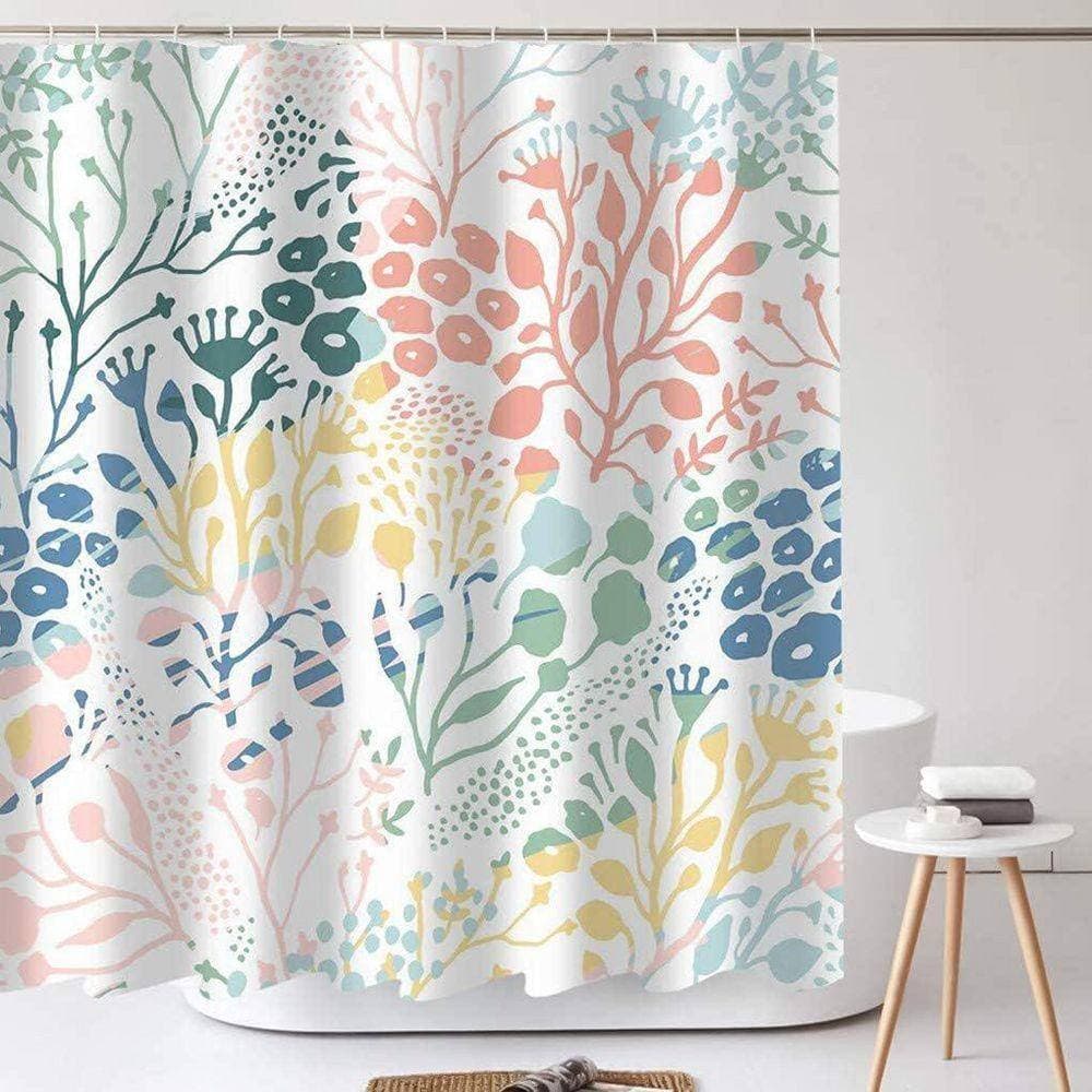 JFVKAF Tropical Plants Coral Shower Curtain, Green Branches Pink Raindrops Waterproof Polyester 71 in. x 71 in. with Hooks (2)