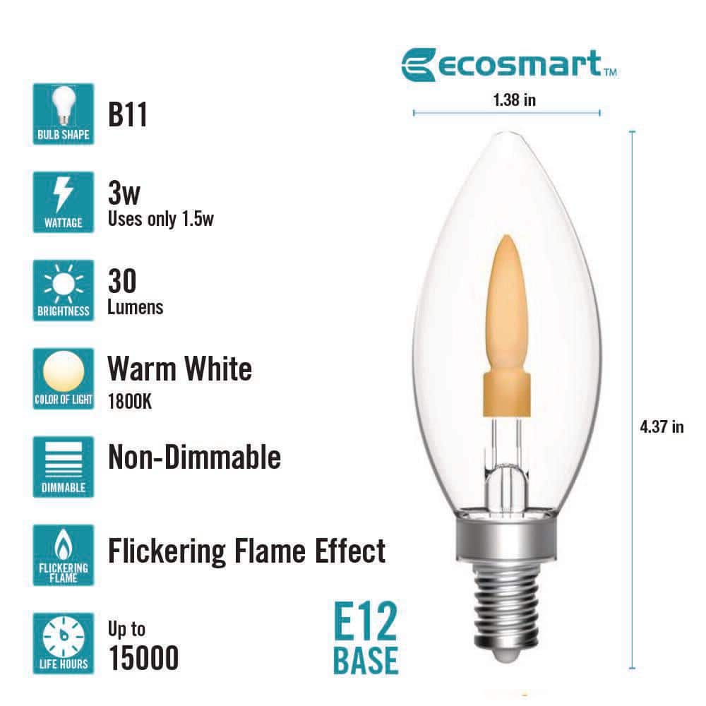 EcoSmart 3-Watt Equivalent B11 Non-Dimmable Clear Glass Flickering Flame Vintage Edison LED Light Bulb 1800K (3-Pack) (4)