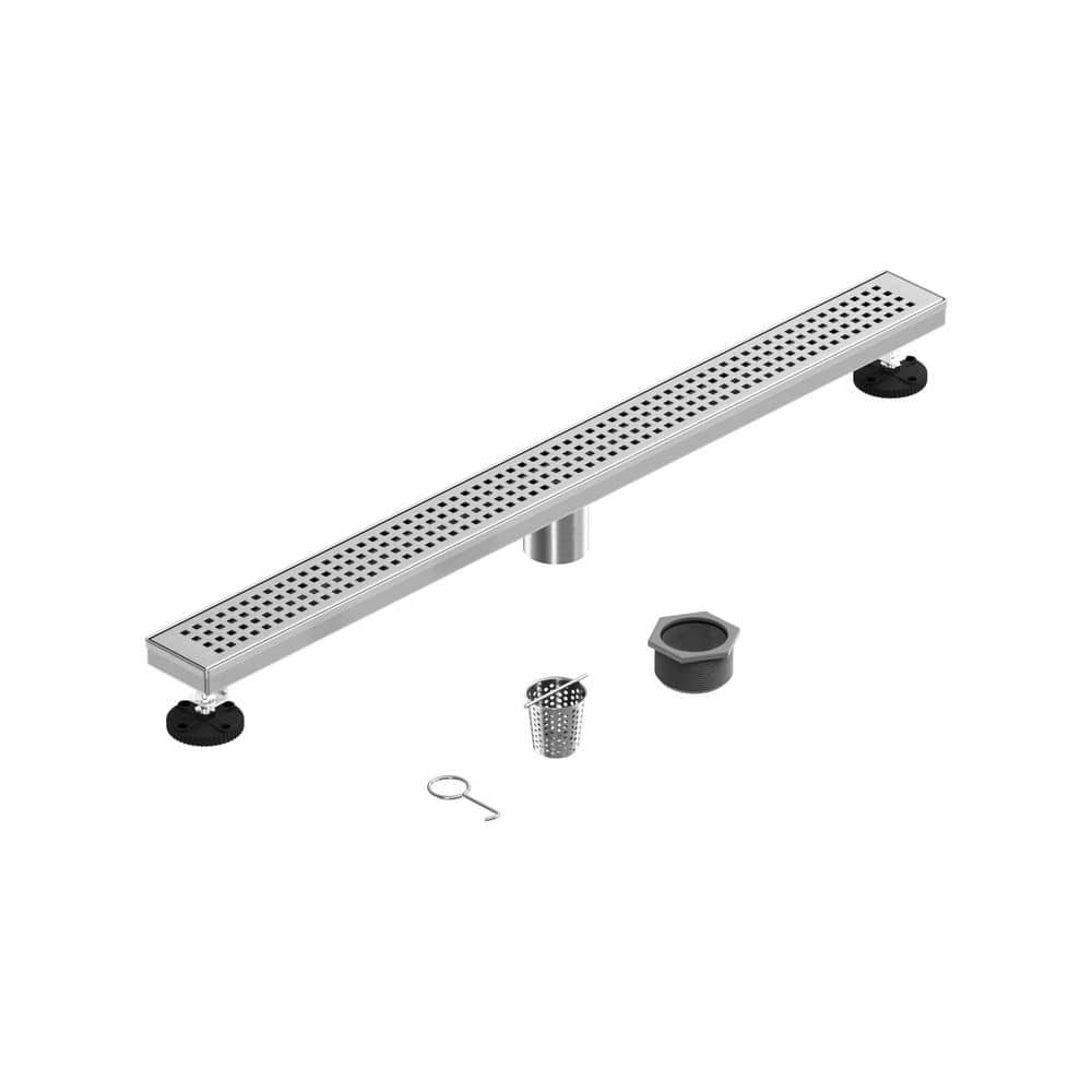 HOMEMYSTIQUE 32 in. Linear Shower Drain, Brick Pattern Grate 304 Stainless Steel Floor Drain w/Hair Strainer, Brushed Nickel (1)