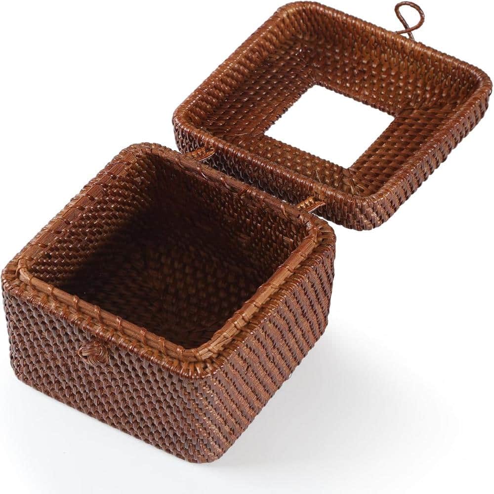 Whatseaso Rattan Square Tissue Box Cover with Hinged Top Lid in Brown (1)