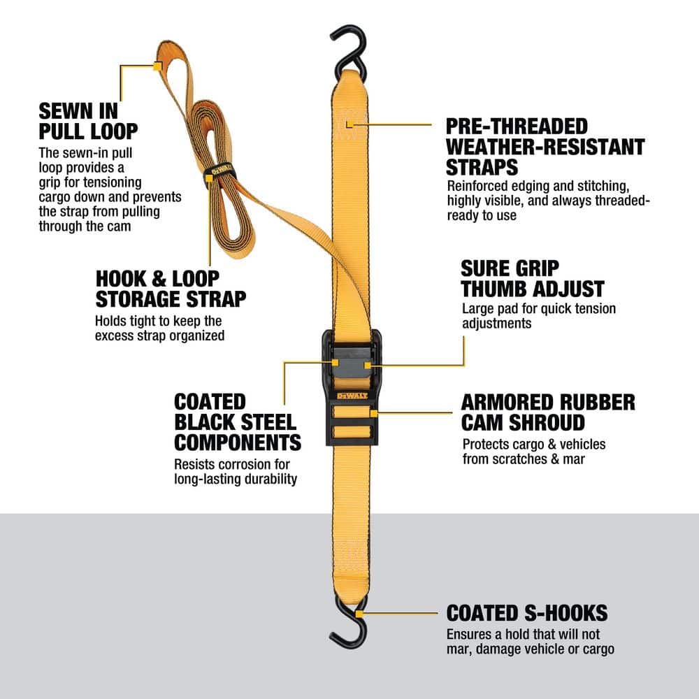 Unbranded DEWALT Cam-Buckle Straps Tie-Downs, 2-Pack-2 Inch x 10 Feet, 3,000 lbs Break Strength (2)