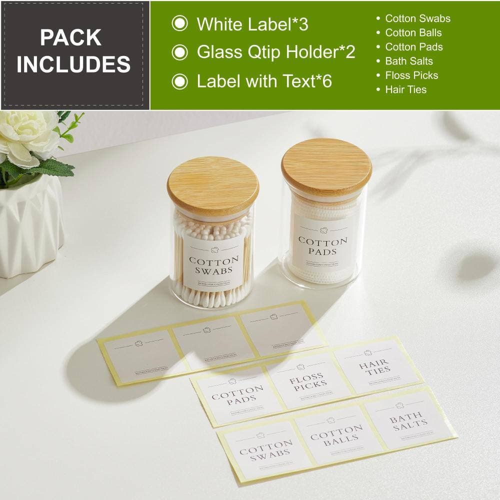 Unbranded 2 Pack Glass Qtip Holders with Bamboo Lids Apothecary Jars for Cotton Balls Pads Swabs Bathroom Organizer (2)