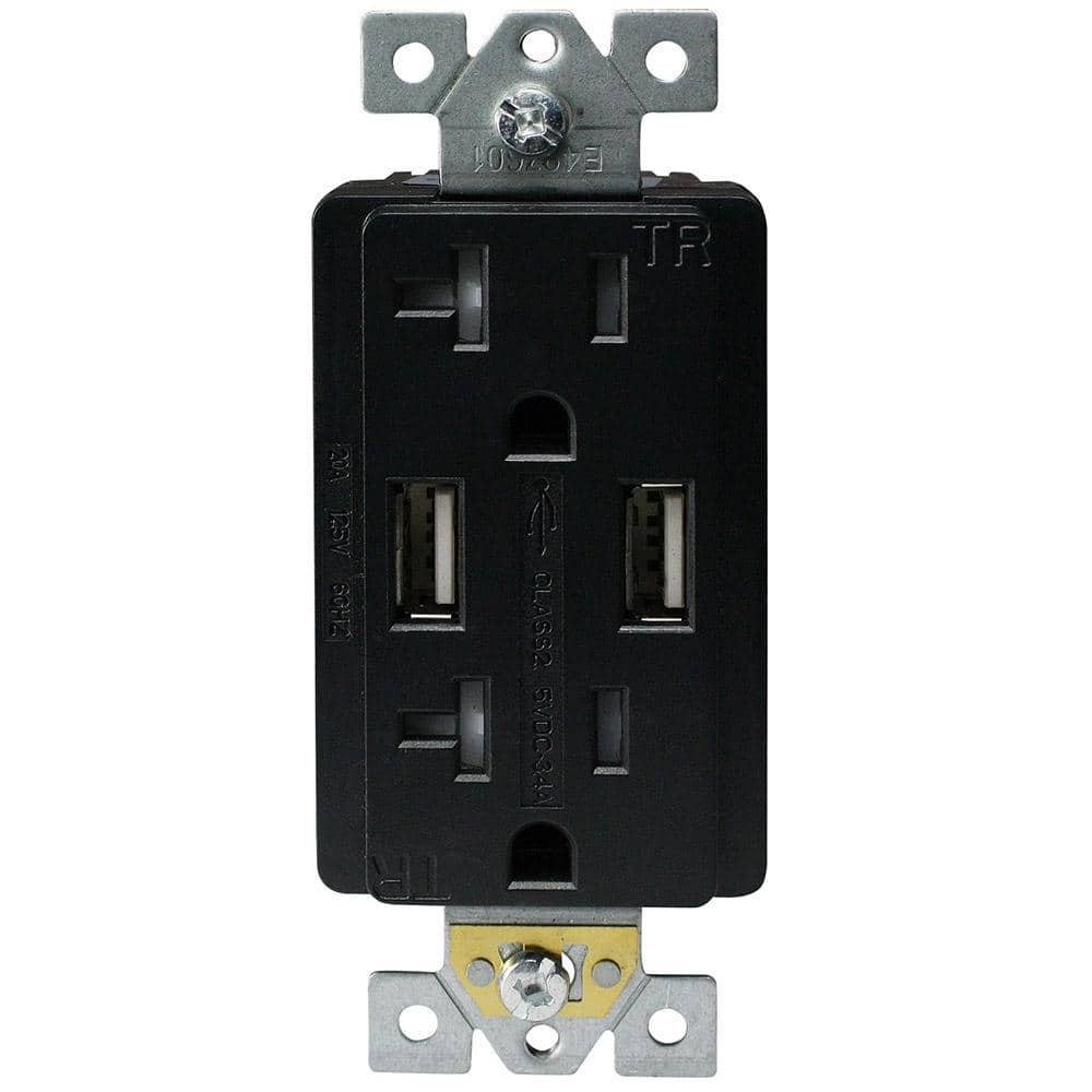 ASI Two 3.4 Amp USB Two 20 Amp AC Wall Outlet and USB Charging Ports Wall Plate Tamper Resistant, Black (2)