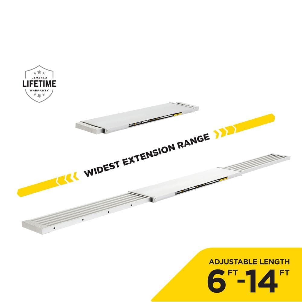 Gorilla Ladders Compact Adjustable Aluminum Scaffolding Work Plank, From 6 ft to 14 ft Lengths, 14.5 in. Wide, 250 lbs. Load Capacity