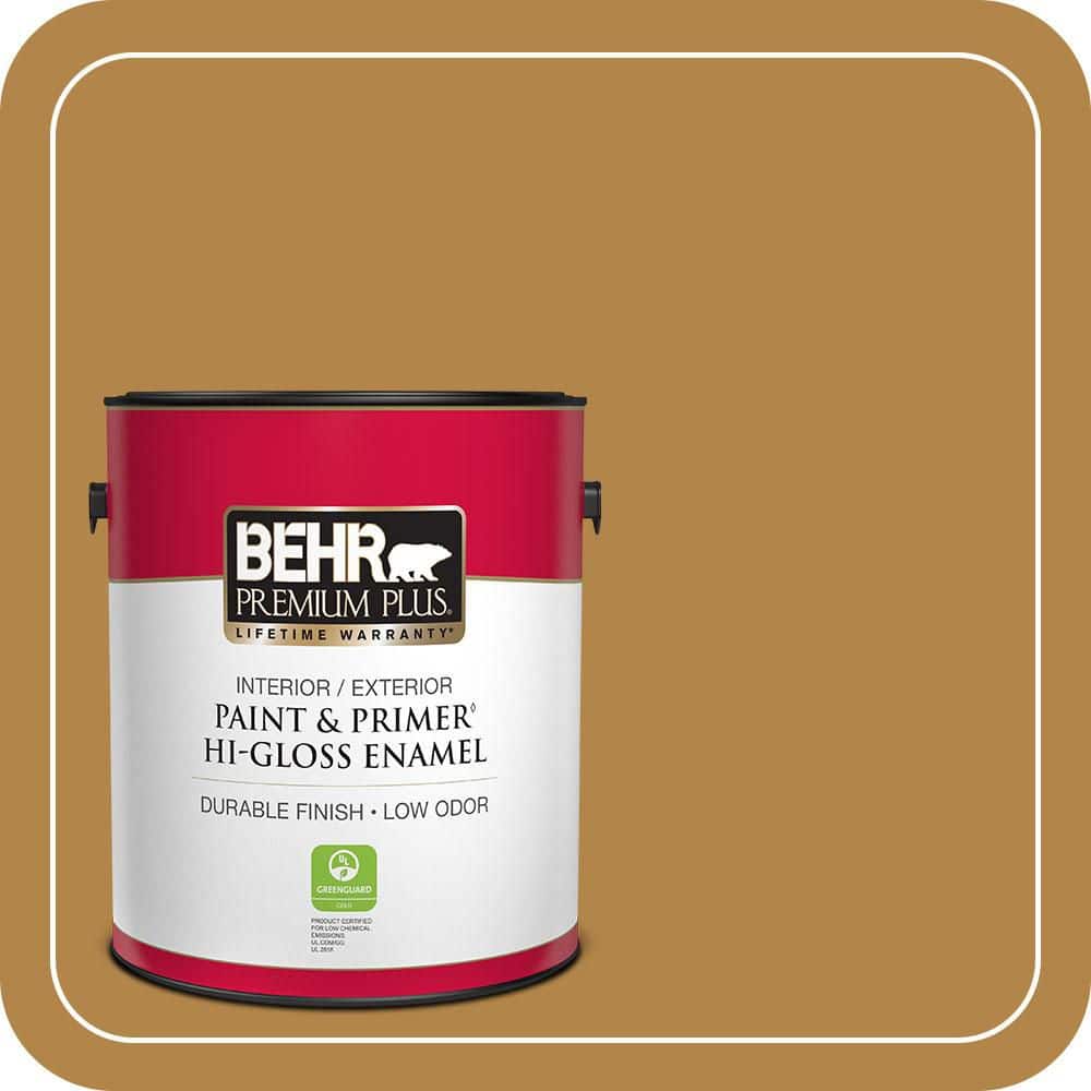 BEHR PREMIUM PLUS 1 gal. #MQ4-09 Rice Curry Hi-Gloss Enamel Interior/Exterior Paint & Primer